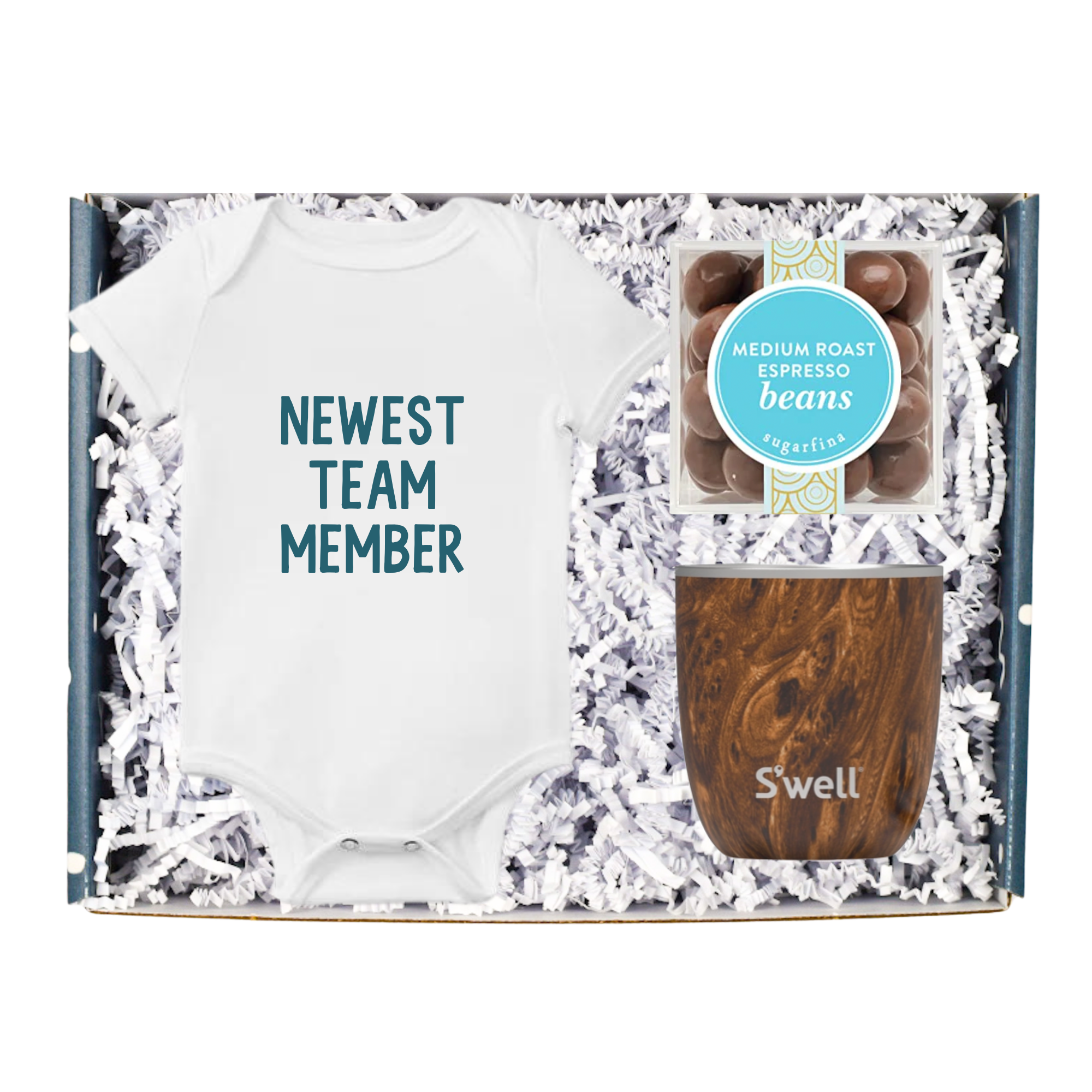 This gift box includes:   'Newest Team Member' Onesie Coffee travel tumbler  Chocolate Espresso Beans Gift Message (you can enter the message at checkout)