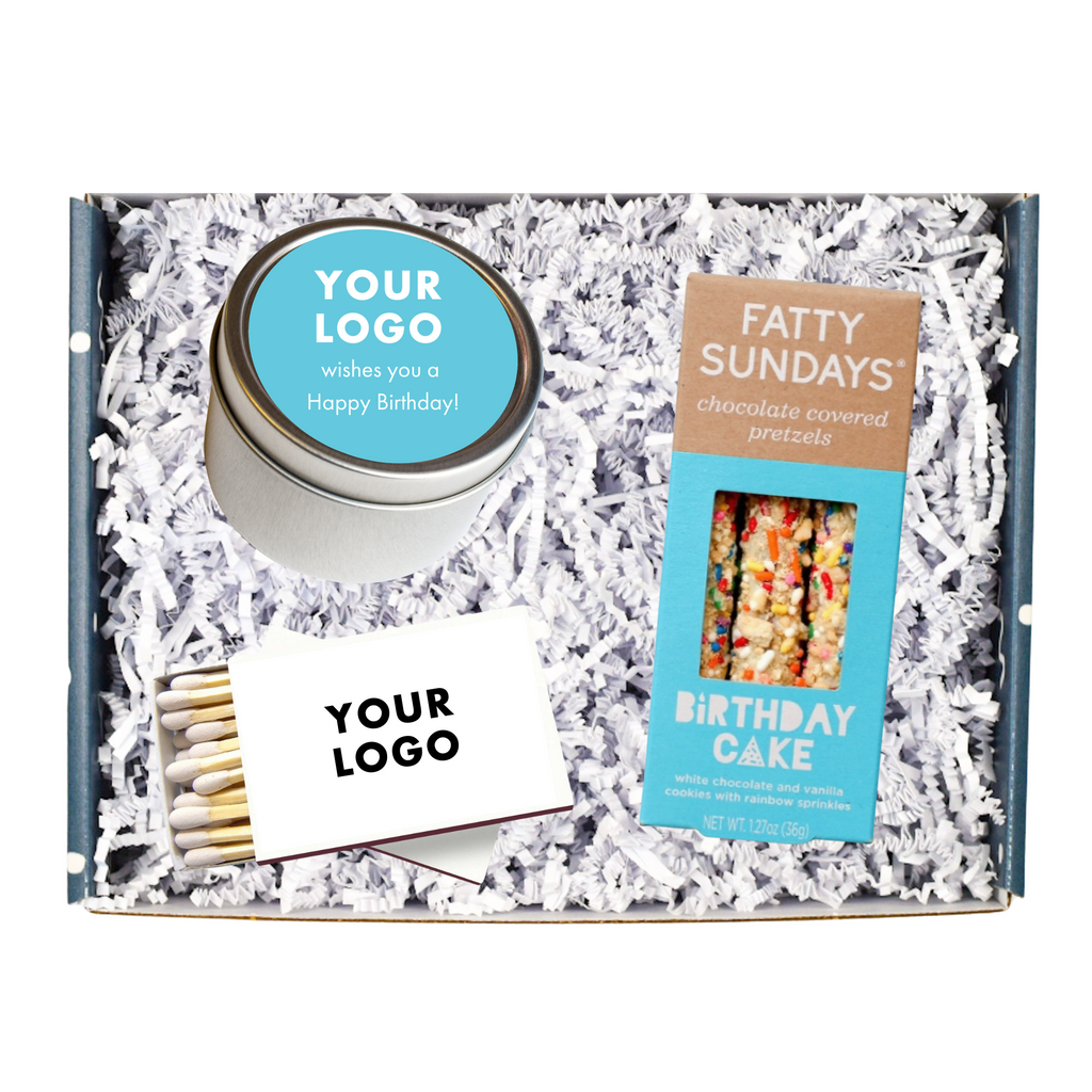 This gift box includes:   Branded 4 oz candle Branded Matches Chocolate Covered Birthday Cake Pretzels Gift Message (you can enter the message at checkout)