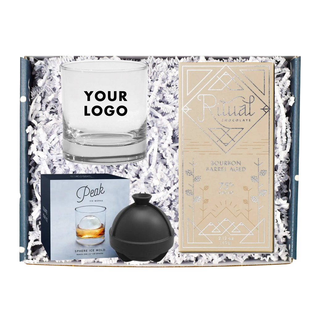 This gift set includes:  Branded rocks glass Sphere ice mold Bourbon Chocolate bar  Gift Message (you can enter the message at checkout)