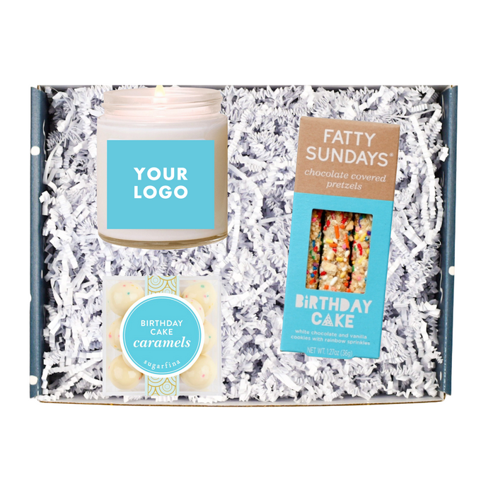 This gift box includes:   Birthday Cake Caramels  Chocolate Covered Birthday Cake Pretzels 8oz Candle with YOUR logo  Gift Message (you can enter the message at checkout)