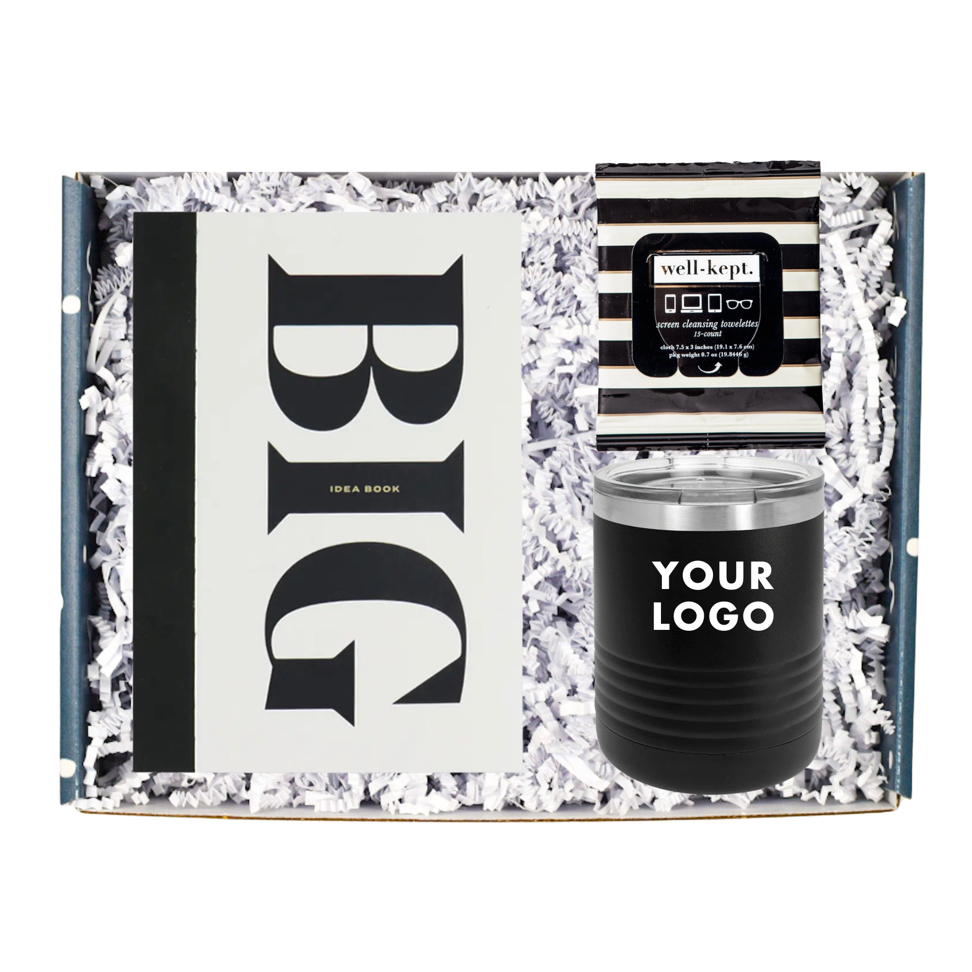 This gift box includes:   Big idea sketchbook Branded stainless steel tumbler  Screen cleaning wipes  Gift Message (you can enter the message at checkout)