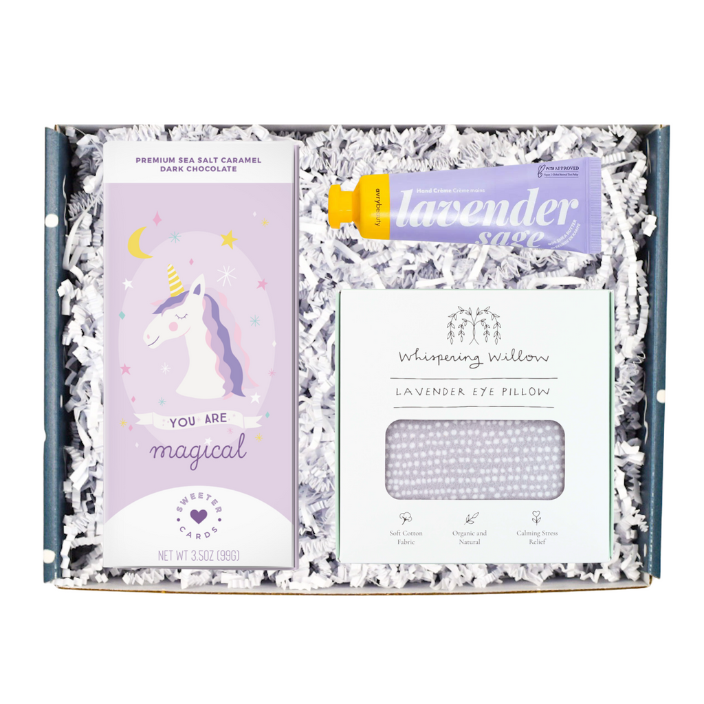 This gift box includes:   Chocolate bar card Lavender eye pillow Lavender travel lotion  Gift Message (you can enter the message at checkout)