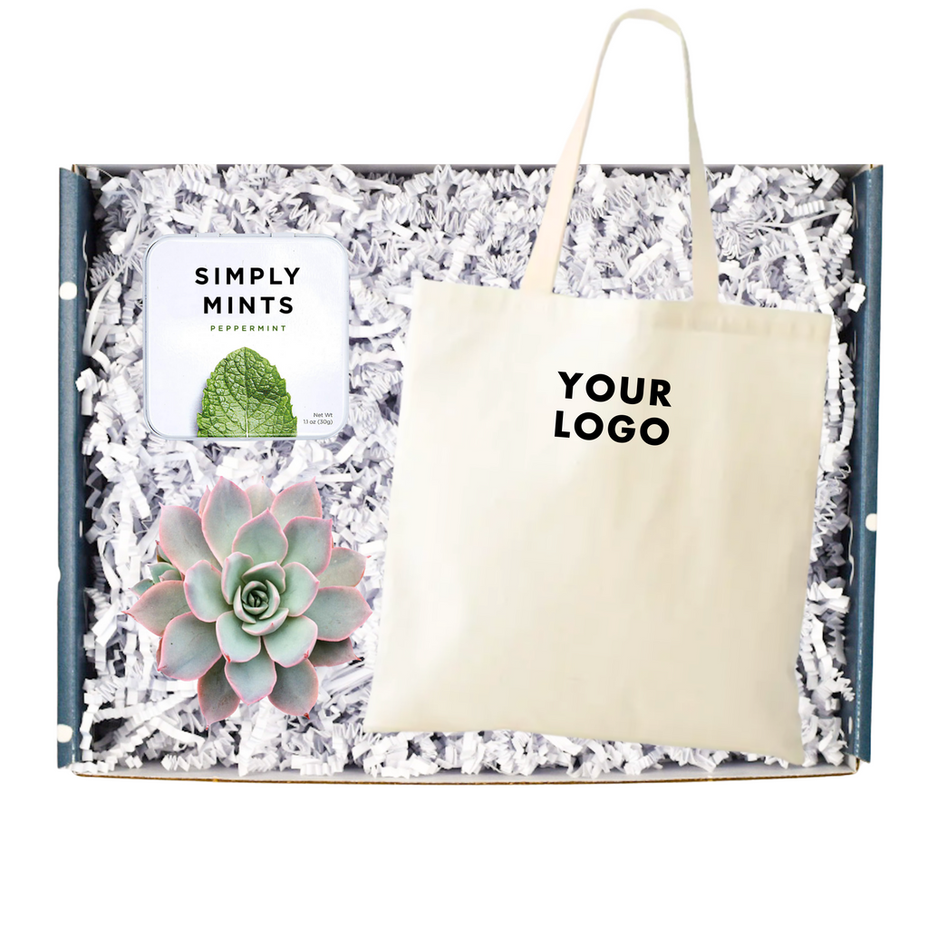 This gift box includes:   Peppermints Real 2" succulent  Branded tote bag  Gift Message (you can enter the message at checkout)