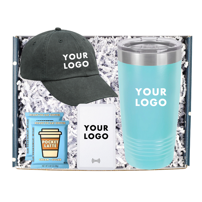 This gift box includes:   Embroidered Hat Branded Portable Charger 2 Pocket Lattes Branded Travel Tumbler Gift Message (you can enter the message at checkout)