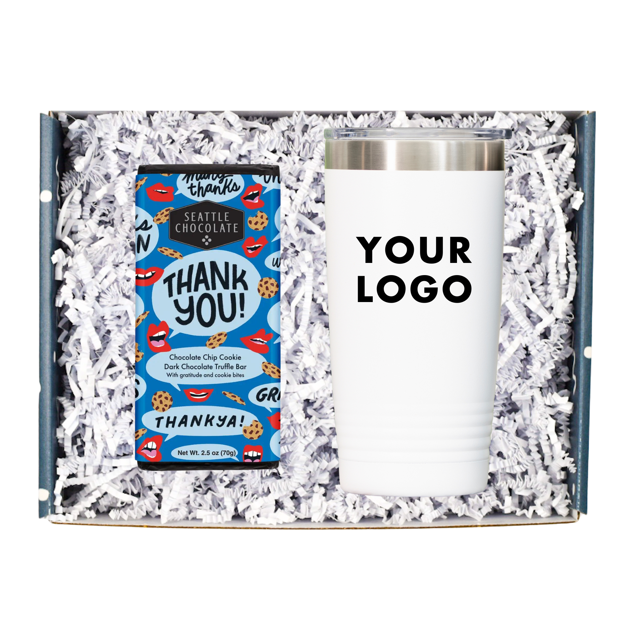 This gift box includes:   Thank You Chocolate Bar  Branded Stainless Steel Tumbler  Gift Message (you can enter the message at checkout)