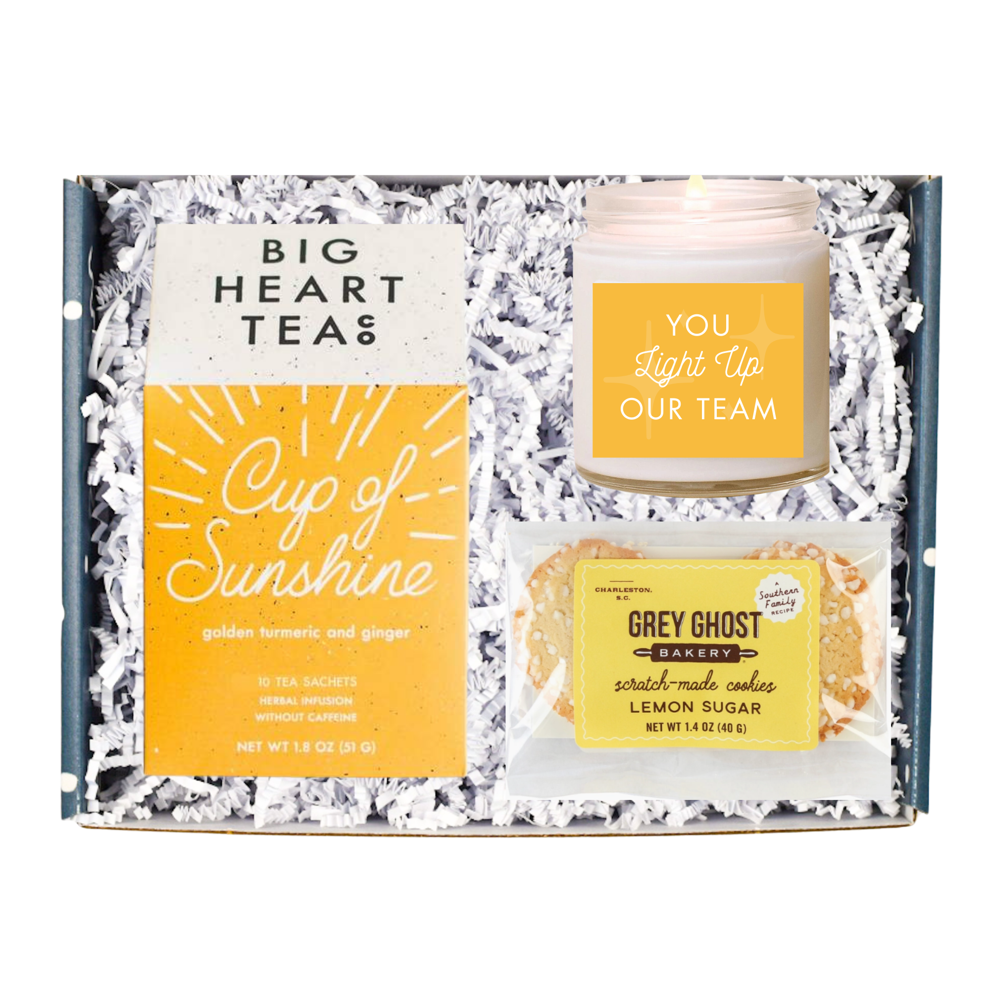 This gift box includes:   Sunshine tea Branded soy candle Pack of lemon sugar cookies Gift Message (you can enter the message at checkout)